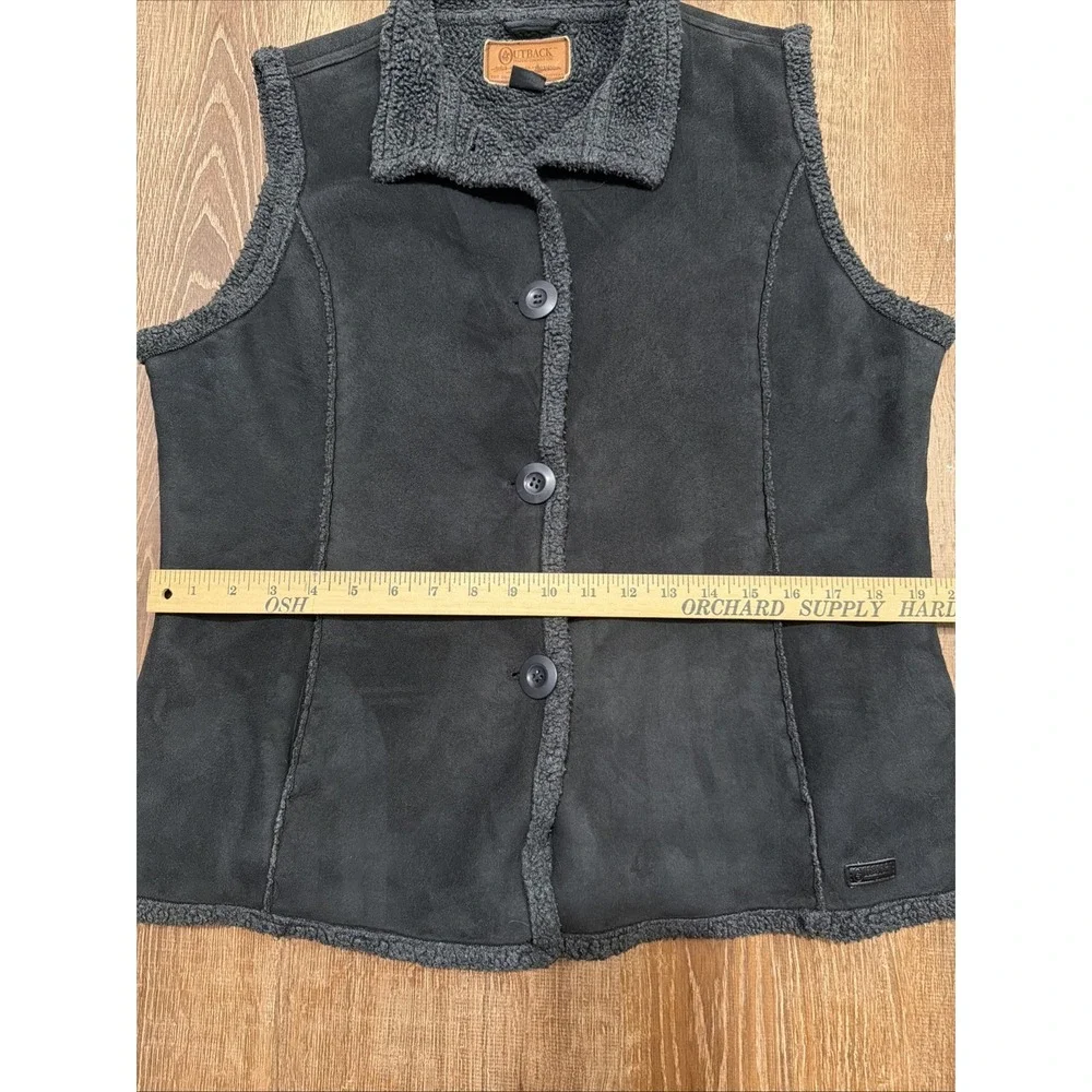 Outback Trading Company Black Gray Shearling Trim Button Vest Women Sleeveless L